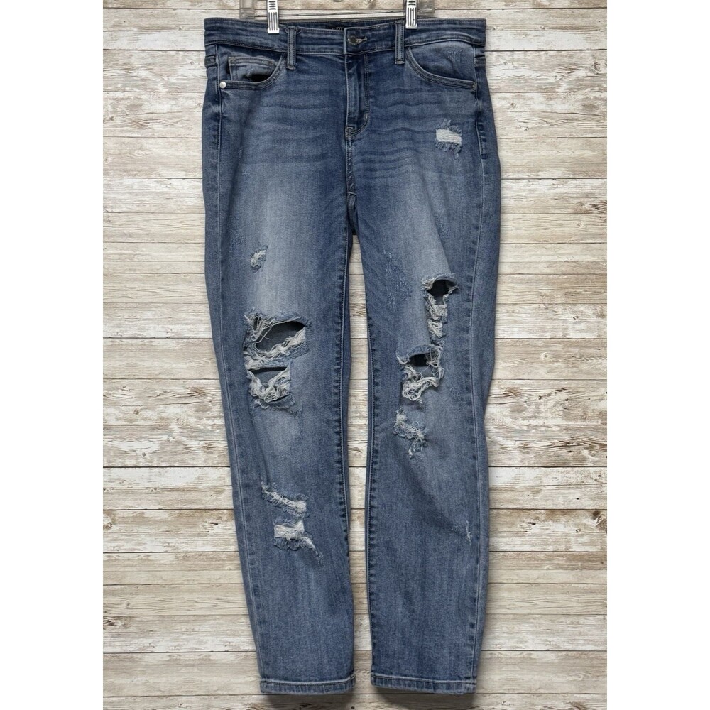 Judy Blue Destroyed Boyfriend Jeans Sz 7/28 Mid Rise Blue Denim Heavy Distressed